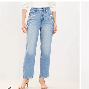 LOFT Light Blue Straight Leg Jeans with Pearl Studs